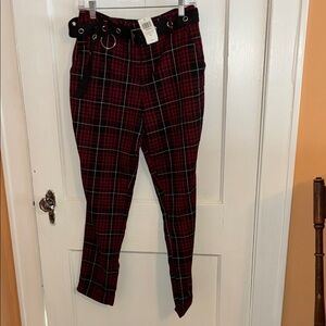 Edgy Women’s Plaid Pants - Black and Red with black grommet belt